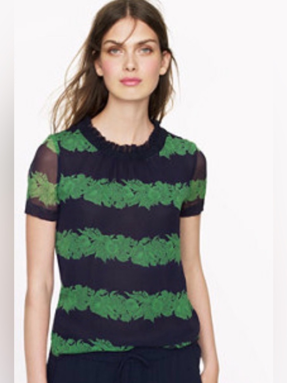 J Crew Size 4 100% silk ruffle floral navy blue and green blouse NWT